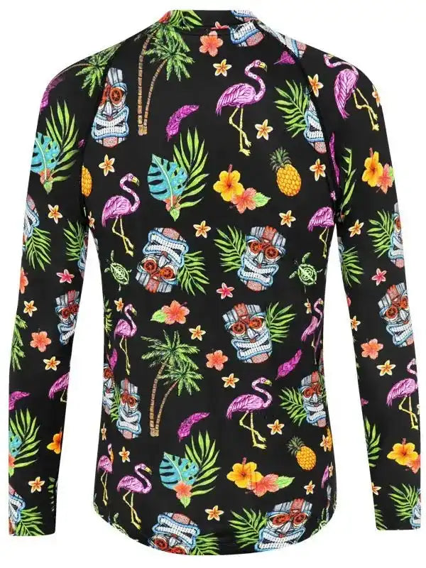 Tropical flamingo and tiki print long sleeve cycling jersey for men or women