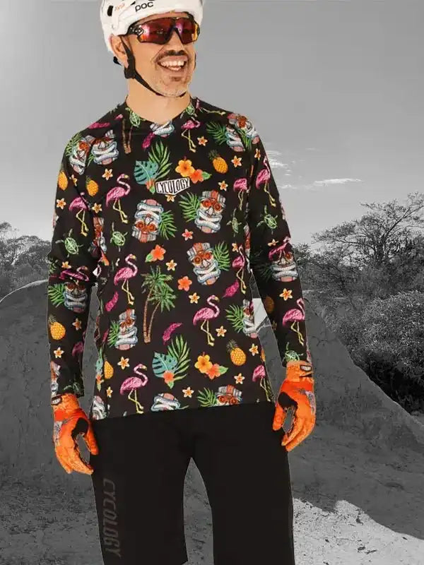 Men's tropical print cycling jersey with flamingos, pineapples, and tiki masks for road biking adventures