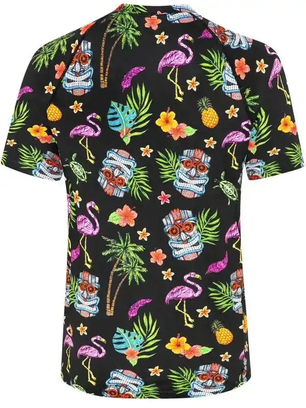 Men's tropical cycling jersey with flamingos, tiki masks, and palm trees on black background