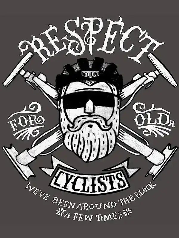 Respect for Old Cyclists graphic tee with bearded cyclist and crossed tools design