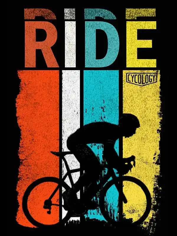 Ride graphic t-shirt with cyclist silhouette and colorful stripes for cycling apparel