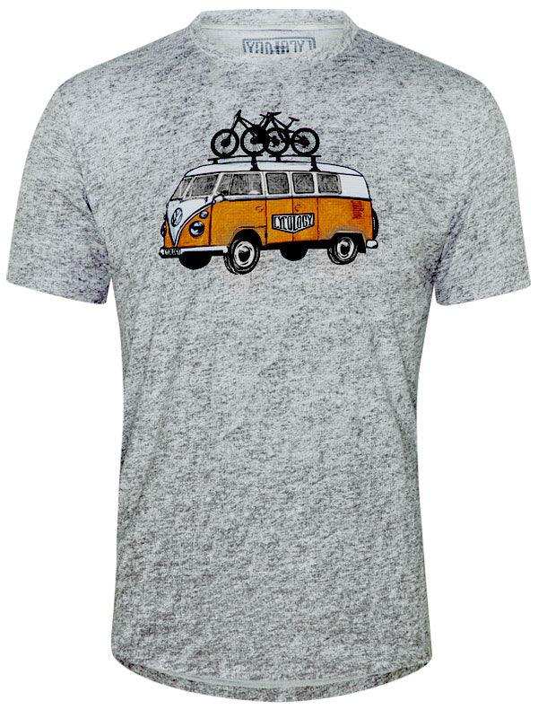 Men's cycling t-shirt with vintage van and bike graphic, heather gray design
