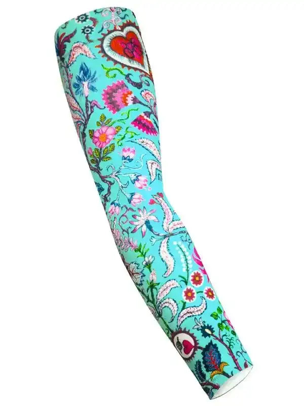 Colorful floral cycling arm sleeve with heart design, perfect for women's bike rides