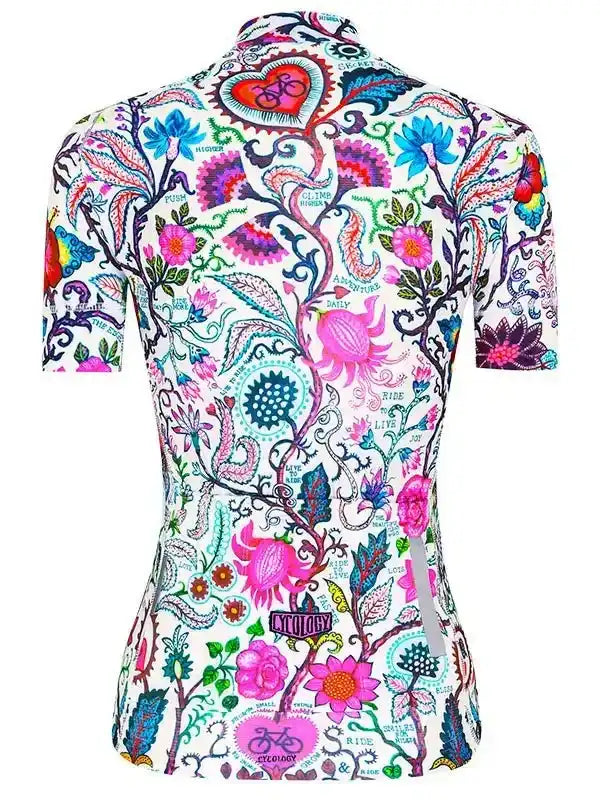 Women's cycling jersey with vibrant floral and bike-themed print, short sleeves, performance fit