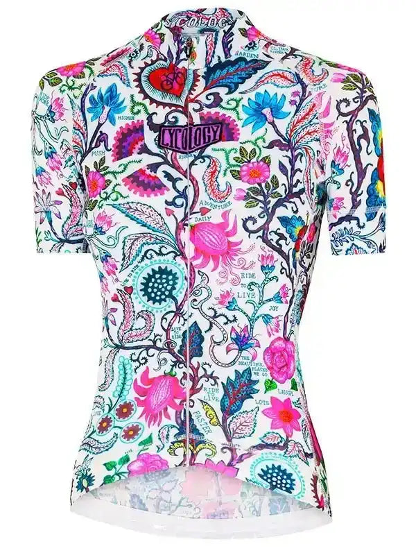 Women's cycling jersey with vibrant floral and paisley print, featuring 'Ride to Live' text and full zipper