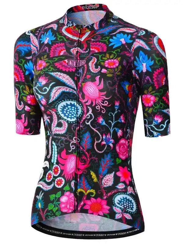 Women's cycling jersey with vibrant floral and octopus print, short sleeves, full zip, black base