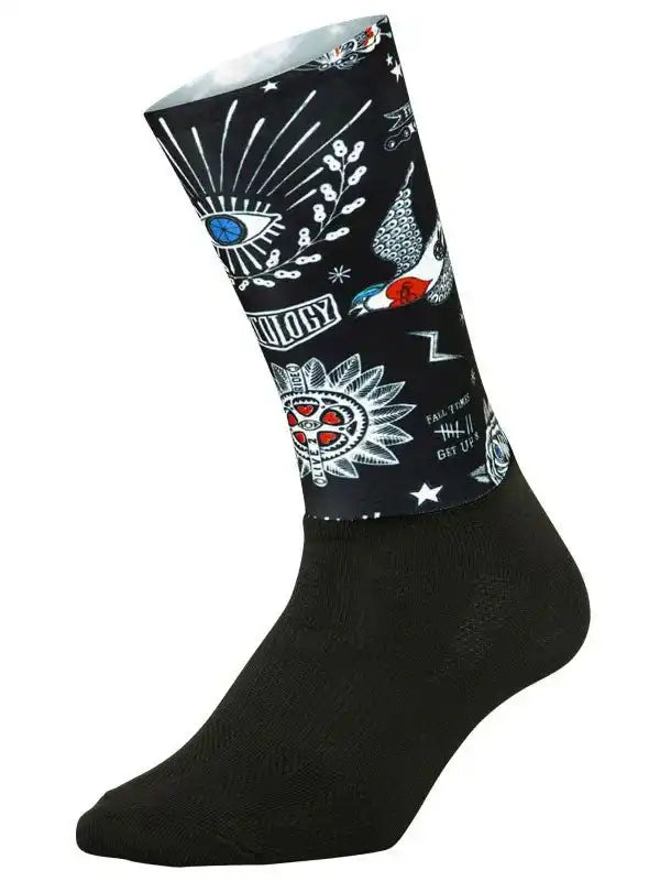 Black cycling sock with bold tattoo-style graphics, eye, skull, and stars design for men or women