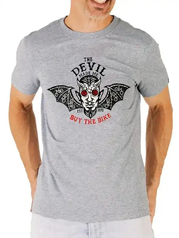 Men's gray cycling t-shirt with devil graphic and 'Buy The Bike' text, unique design for bike lovers