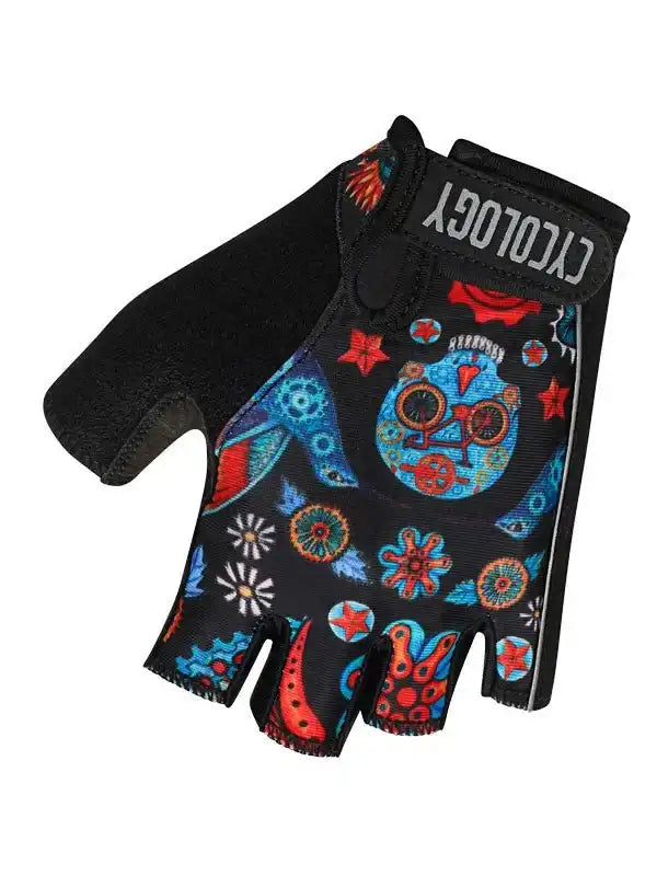 Cycology fingerless cycling gloves with colorful skull and floral print design