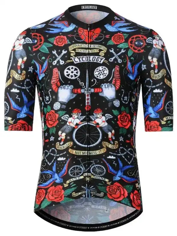 Men's cycling jersey with tattoo-style roses, birds, and bike graphics on black fabric