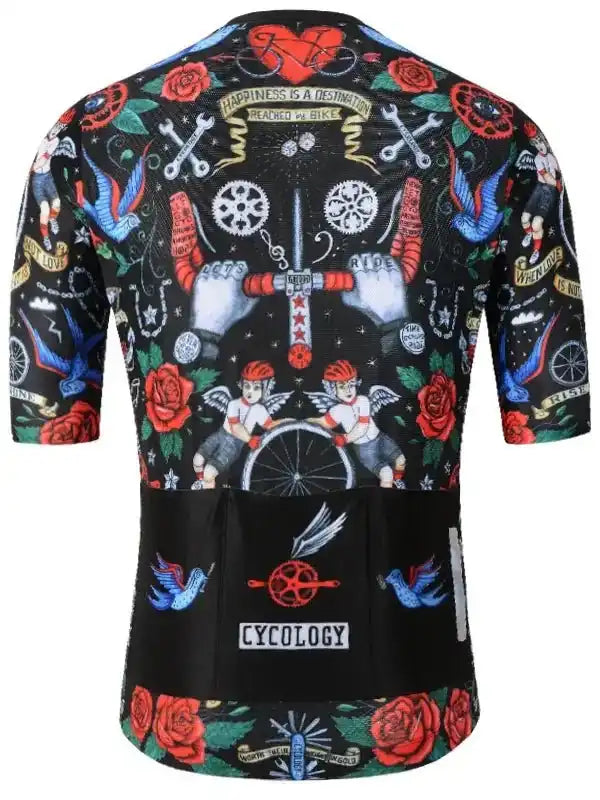 Men's cycling jersey with tattoo-style roses, wings, and bike graphics, featuring 'Happiness is a destination' text
