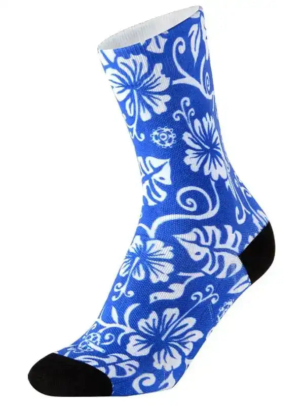 Blue cycling sock with white hibiscus floral pattern, black toe and heel, ideal for men's and women's bike rides