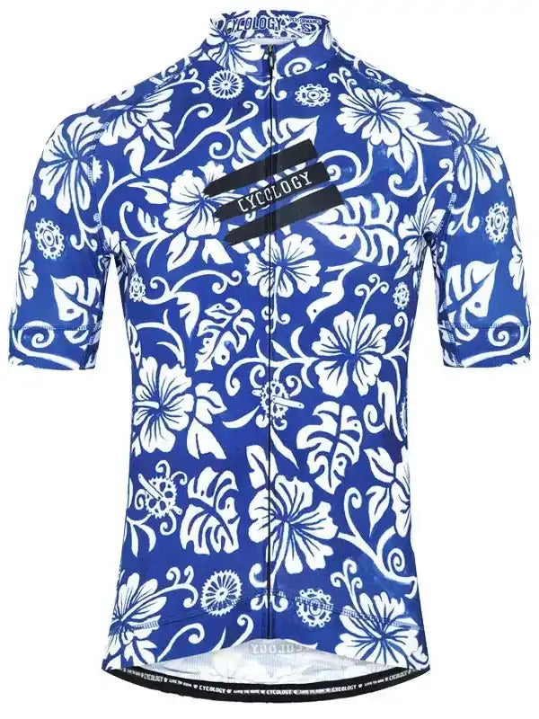 Blue and white floral cycling jersey with short sleeves and full zipper, featuring bold tropical print design