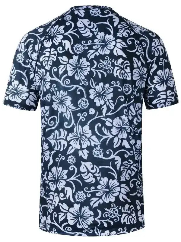 Men's cycling jersey with navy blue and white floral pattern, breathable fabric for bike rides
