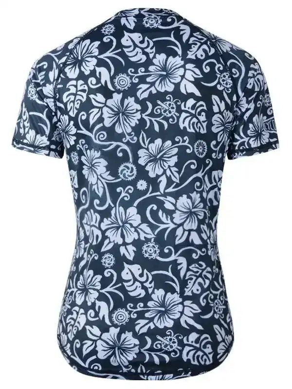 Women's cycling jersey with white floral pattern on navy blue, short sleeves, back view