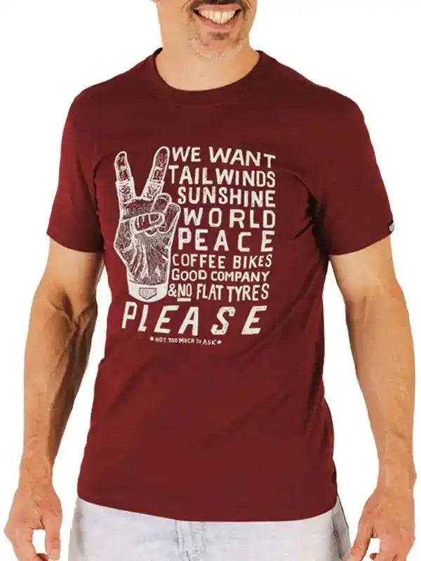 Men's cycling t-shirt with peace sign graphic and cycling-themed text print