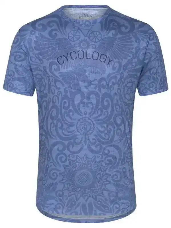 Blue cycling jersey with ornate pattern and 'CYCOLOGY' text, designed for men's and women's bike rides.