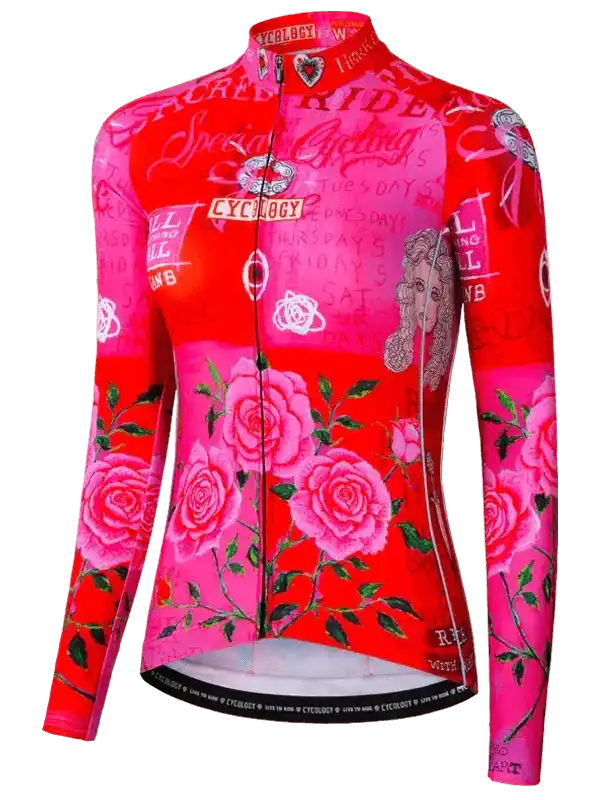 Women's long sleeve cycling jersey with pink rose print and graphic text design