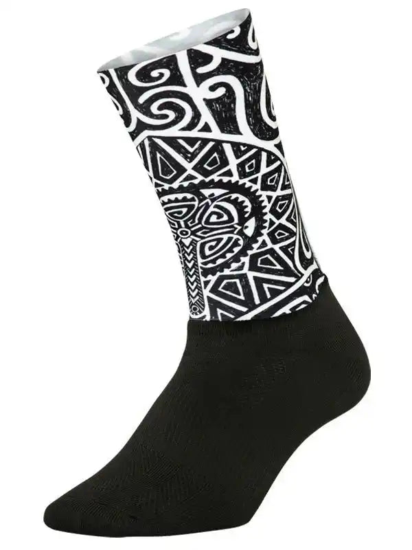 Black cycling sock with bold white tribal pattern, ideal for men's and women's bike rides
