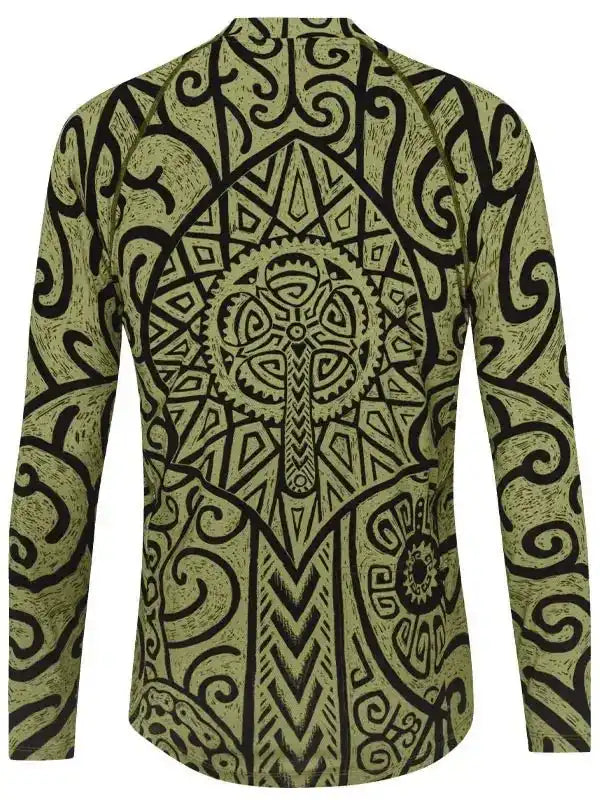 Men's long sleeve cycling jersey with bold black tribal pattern on olive green, ideal for road biking