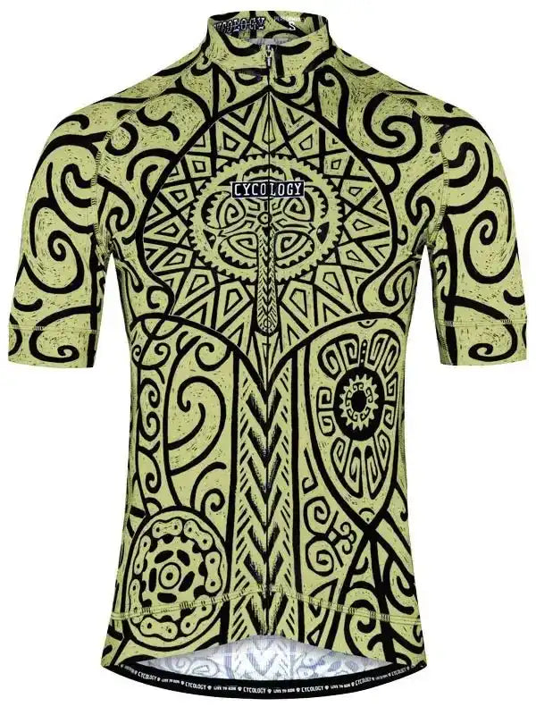 Men's cycling jersey with bold black tribal patterns on lime green, featuring full zip and ergonomic fit