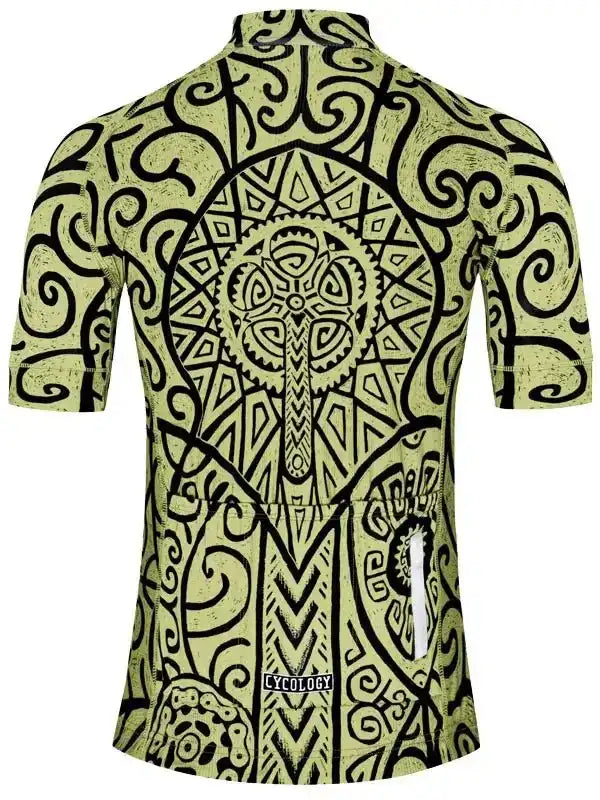 Men's cycling jersey with bold tribal pattern, high-quality fabric, back view