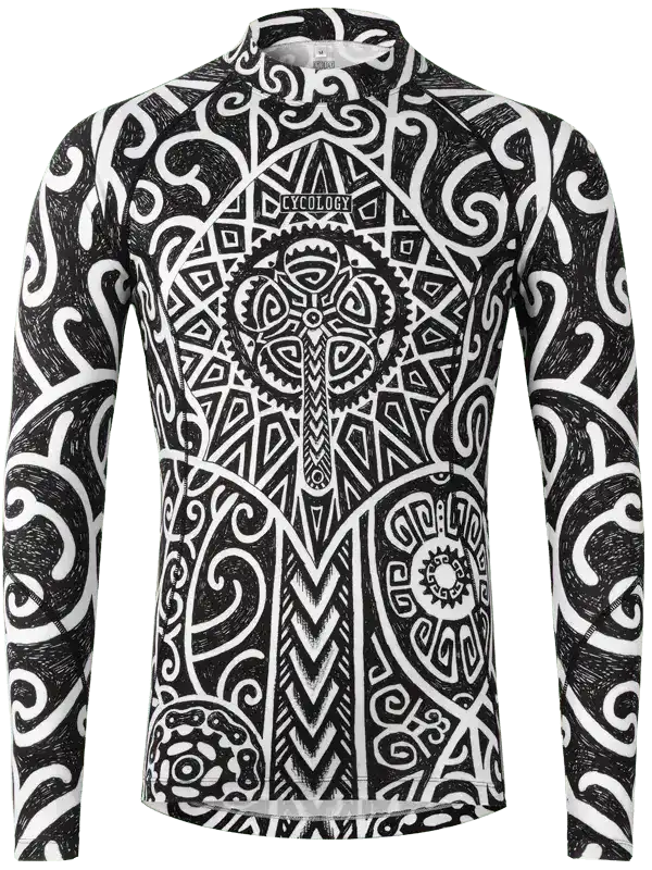 Men's black and white long sleeve cycling jersey with intricate geometric and gear patterns, ideal for road biking.