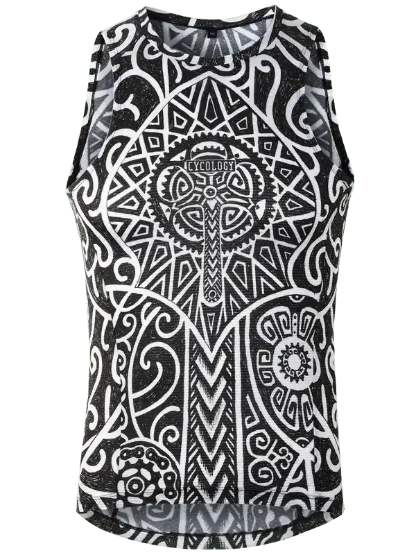 Black and white sleeveless cycling jersey with intricate geometric and tribal patterns, featuring a central gear design.