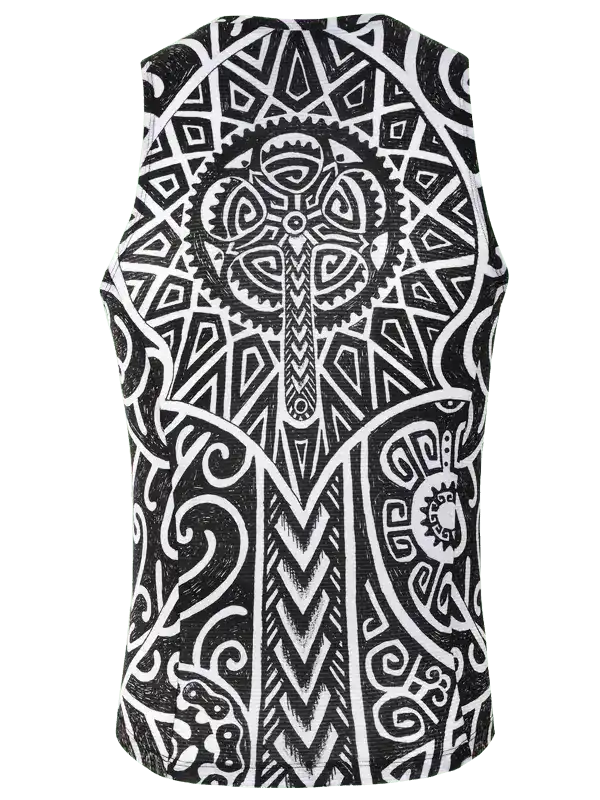 Black and white sleeveless cycling jersey with bold geometric and gear-inspired tribal print design