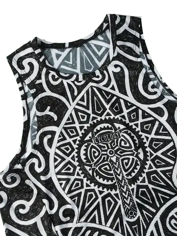 Black and white geometric cycling jersey with bold tribal patterns and gear design for men and women