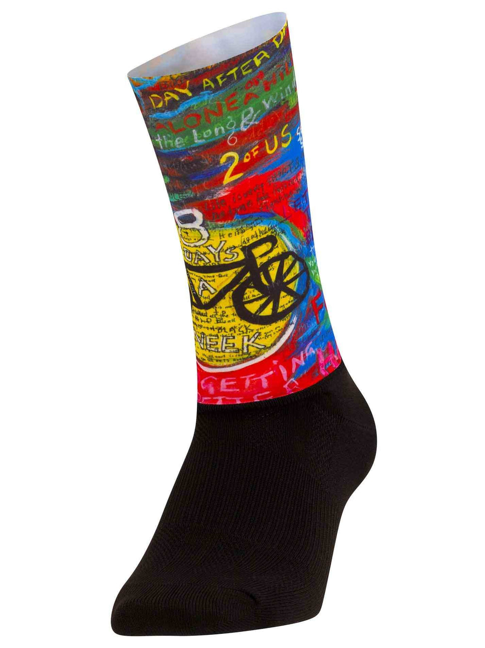 Colorful cycling sock with bike graphic and text design, perfect for cyclists