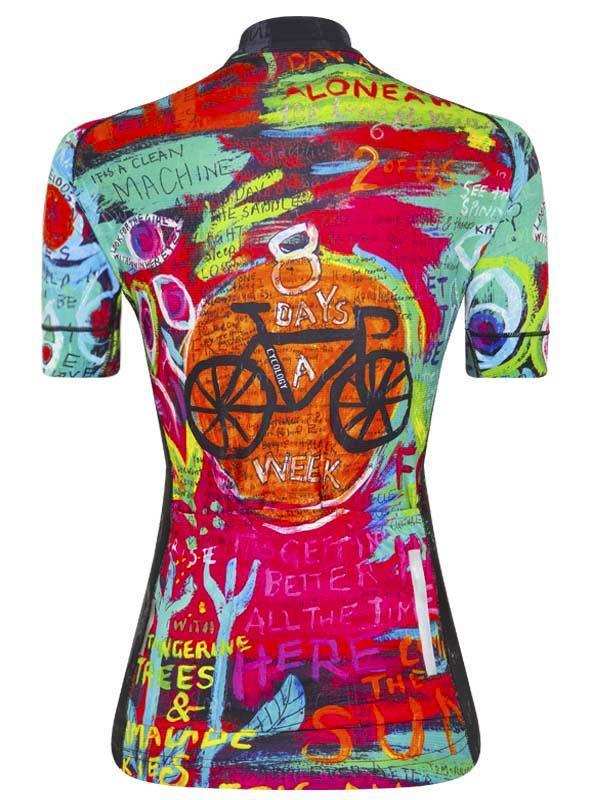 Colorful women's cycling jersey with graffiti art, bike graphic, and '8 Days a Week' text design