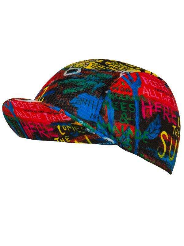 Colorful graffiti-style cycling cap with bold text print for men and women