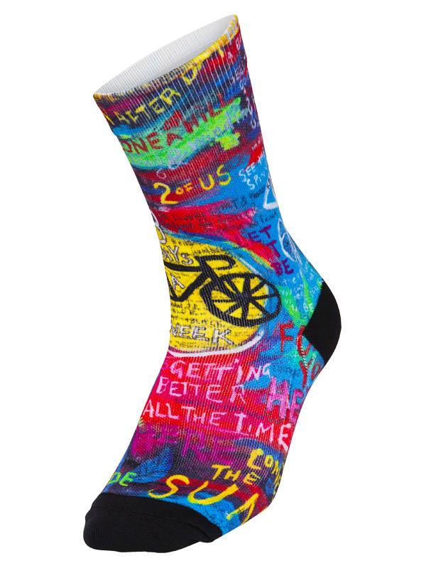 Colorful cycling sock with bike graphic and motivational phrases, ideal for cyclists