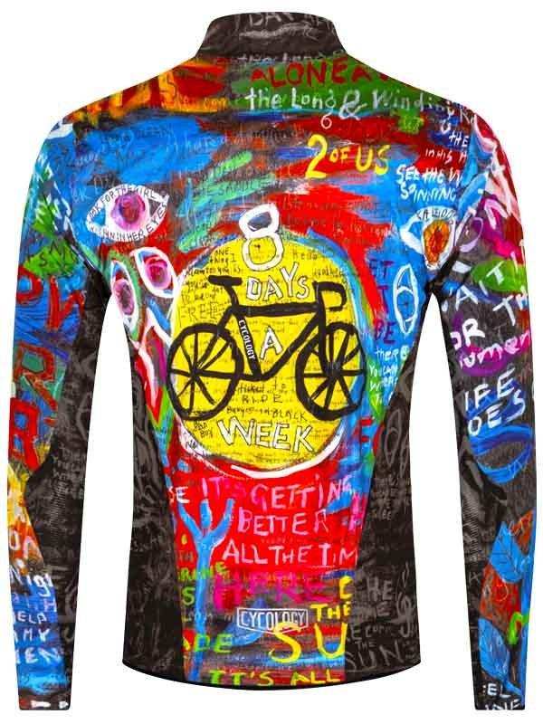 Colorful long-sleeve cycling jersey with graffiti art, bike graphic, and motivational phrases for men and women riders