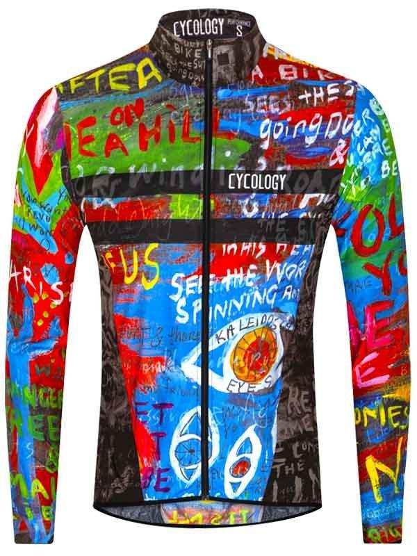 Colorful graffiti-style men's cycling jersey with bold text and graphics, perfect for road biking.
