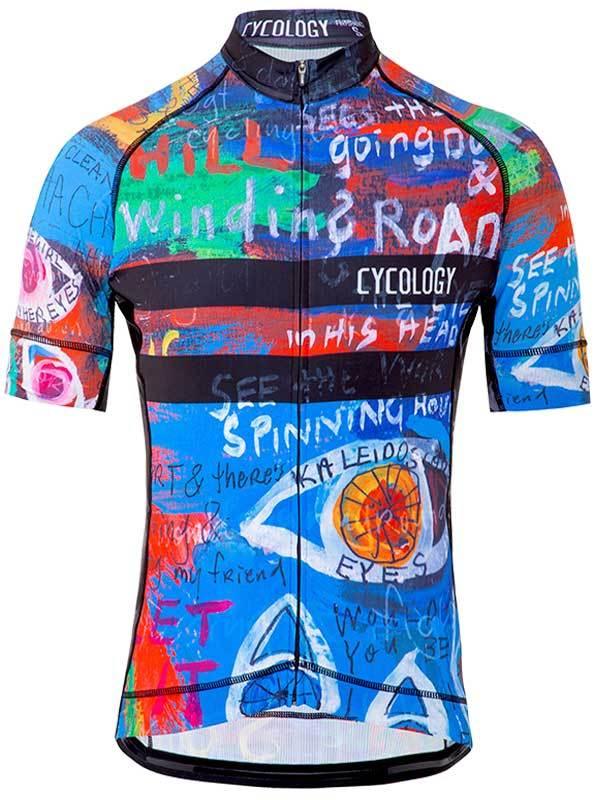 Colorful men's cycling jersey with graffiti-style art, bold text, and eye graphic design for road biking