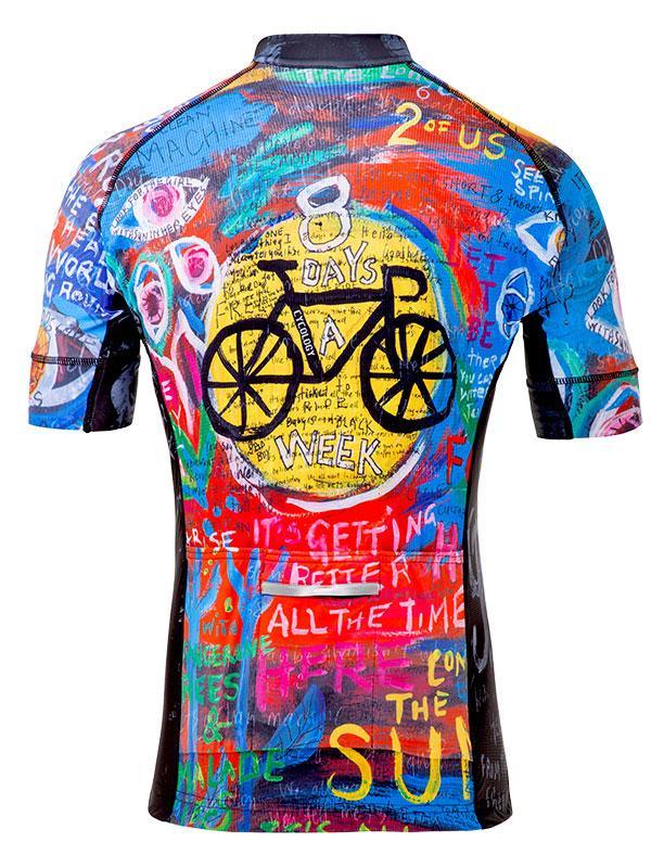 Colorful men's cycling jersey with graffiti art, bike graphic, and motivational text for road rides