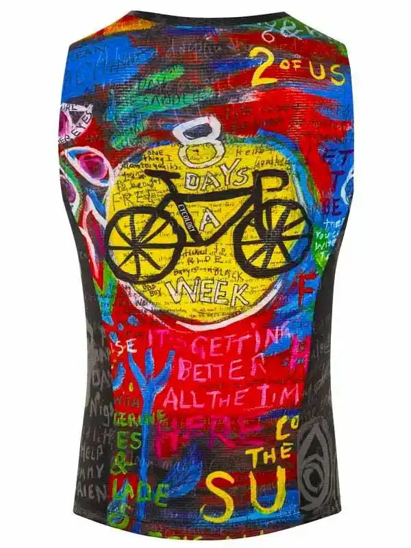 Colorful cycling vest with graffiti-style bike graphic and motivational text for men's and women's rides