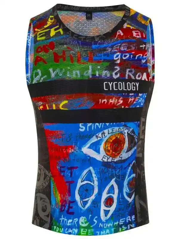 Men's colorful graphic cycling jersey with bold text and eye design, breathable mesh back