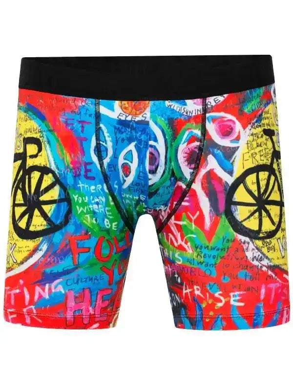 Men's colorful cycling shorts with graffiti art, bike graphics, and bold text design for active wear.