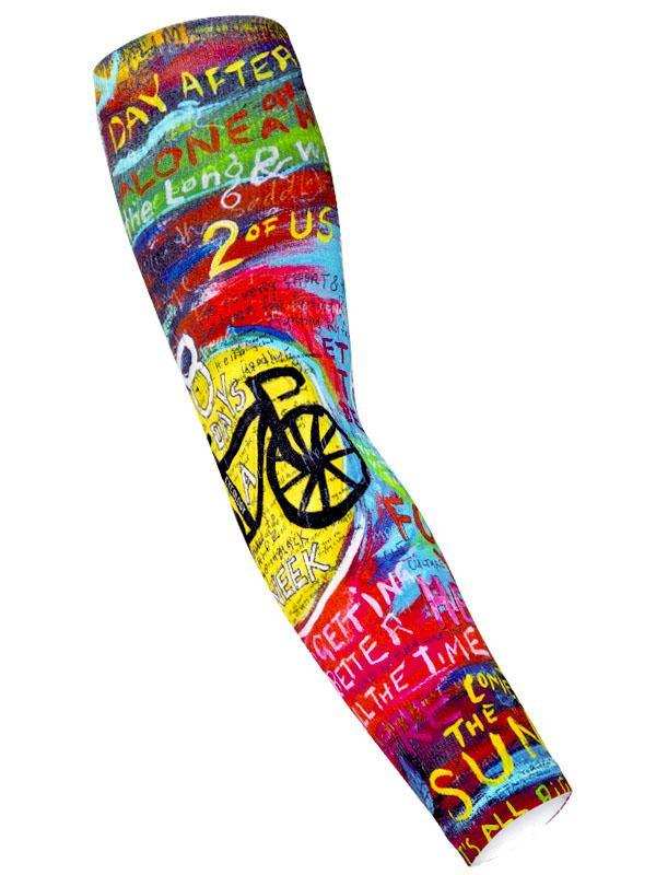 Colorful cycling arm sleeve with vibrant graffiti-style text and bike graphic for men's and women's rides