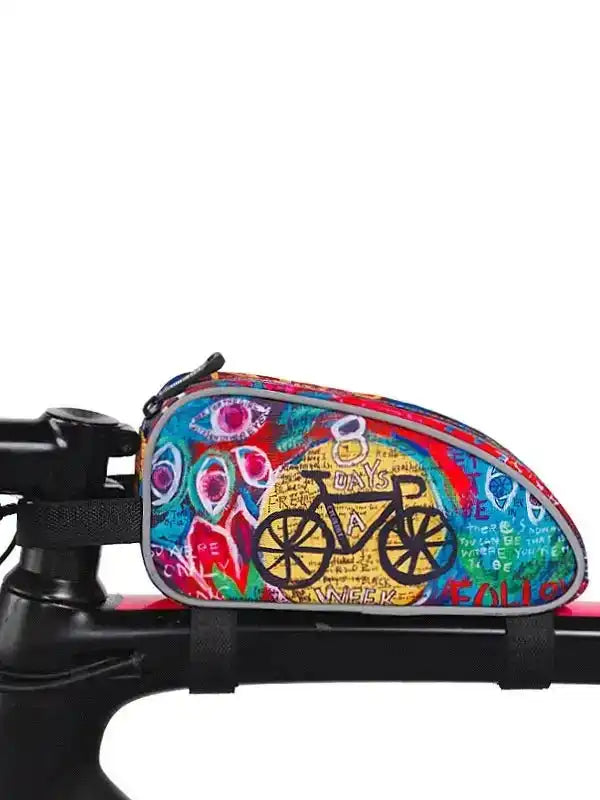 Colorful cycling frame bag with bike art, perfect for road or mountain biking adventures