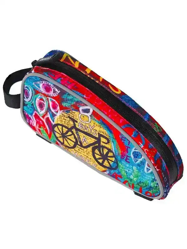 Colorful cycling frame bag with bike graphic and graffiti design for road or mountain biking