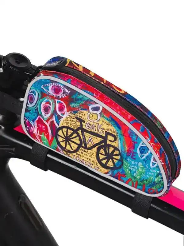 Colorful cycling frame bag with bike graphic, perfect for road or mountain biking adventures.