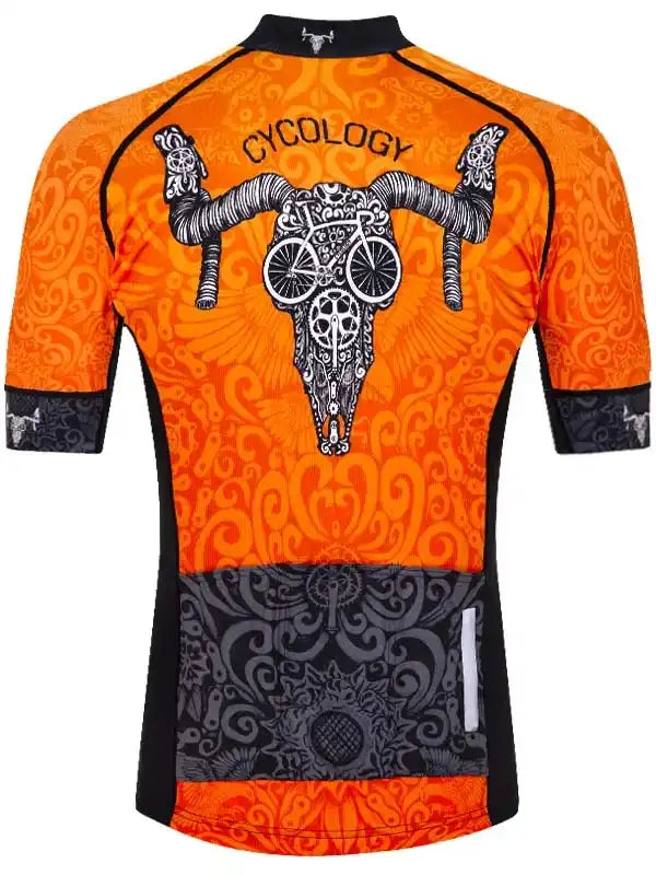 Men's orange cycling jersey with skull and bike wheel design, black accents, and reflective details