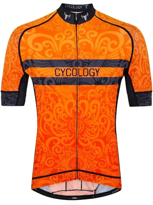 Vibrant orange cycling jersey with swirl pattern, black accents, and 'CYCOLOGY' branding for men's or women's rides.