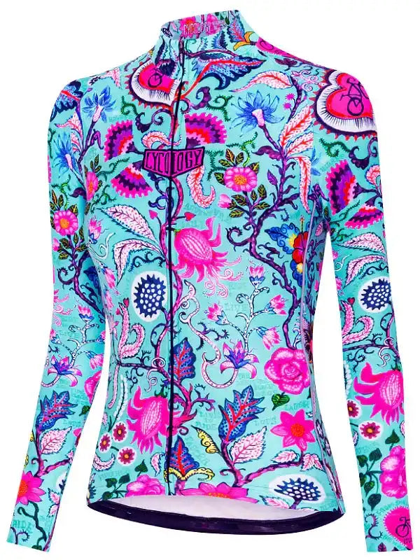 Women's long sleeve cycling jersey with vibrant floral pattern, full zip, and ergonomic fit for road biking