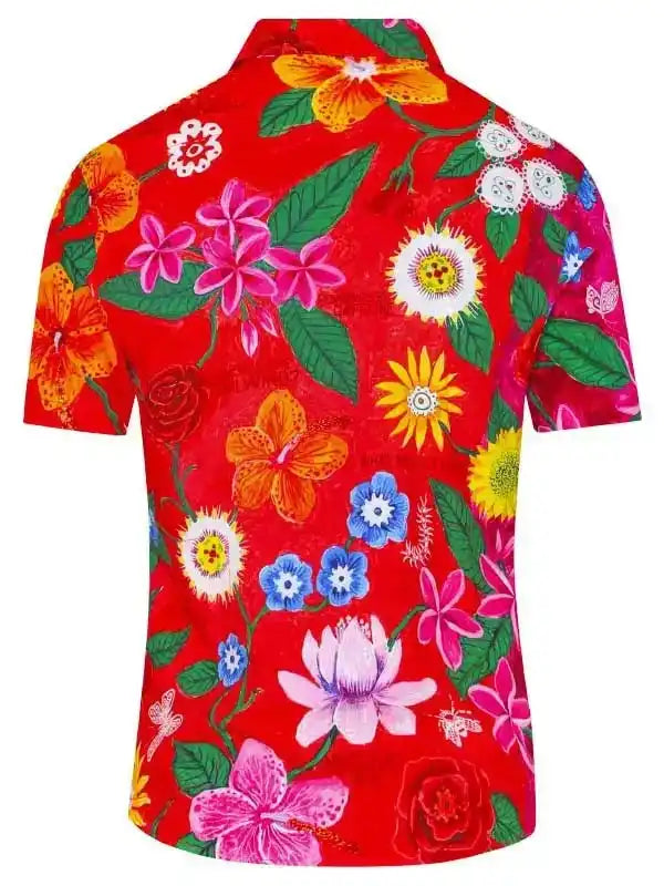Vibrant red floral cycling shirt with tropical flowers and green leaves, ideal for men's and women's bike rides.