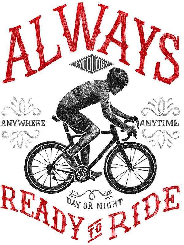 Cycling graphic tee with 'Always Ready to Ride' slogan, ideal for men's and women's bike apparel